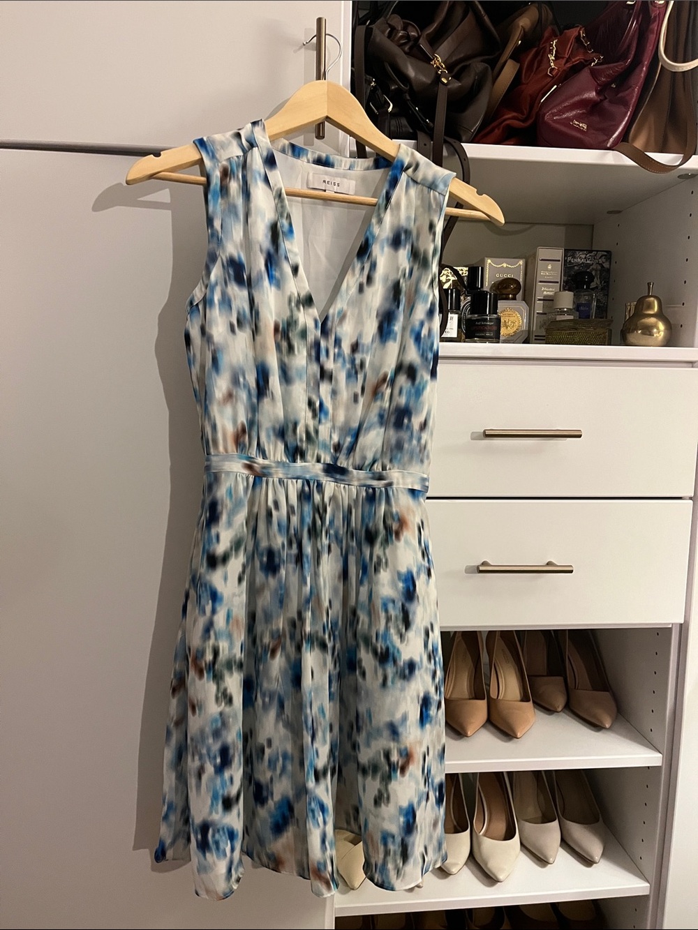 Reiss Blue and White Sleeveless V-Neck Midi Dress